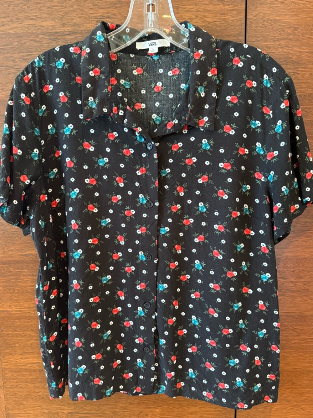 Vans Black Floral Button-Up Shirt. Women’s size Large